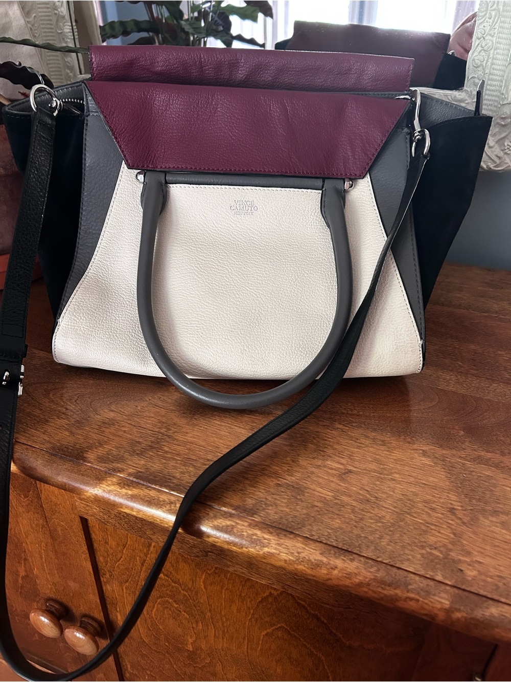 NWT Vince Camuto Addy Satchel in the colorway Ivory/Cabernet/Black, Leather